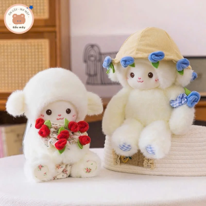 Gấu mây - Gấu bông cừu ôm mũ bó hoa 2in1 vừa đội mũ ôm bó hoa hống dễ thương làm quà tặng người yêu